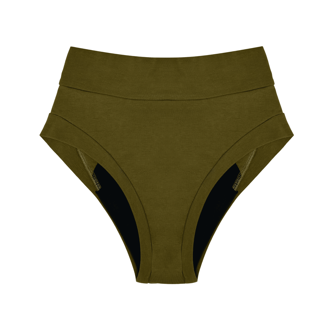 Flat lay image of the High Waisted Basic Brief in moss green made from GOTS certified organic cotton