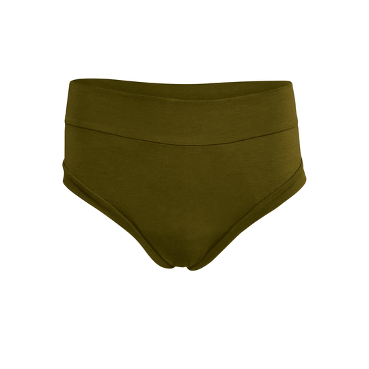 Ghost mannequin image of the High Waisted Basic brief in Moss green made from GOTS certified Organic Cotton