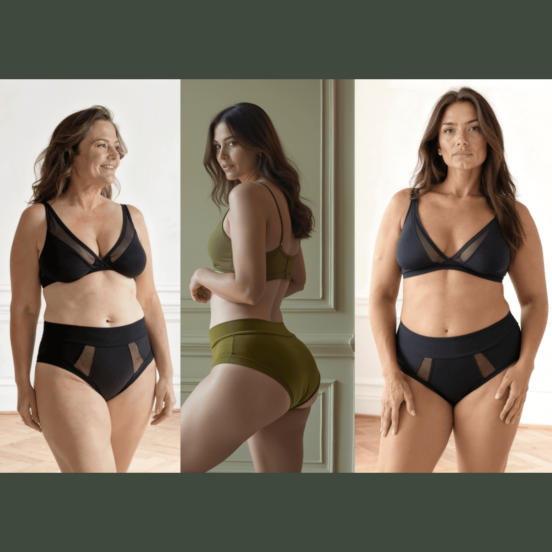 Three images of women in a row. Each woman is wearing a high-waisted garment from the Wicks Intimates High-Waisted Bundle