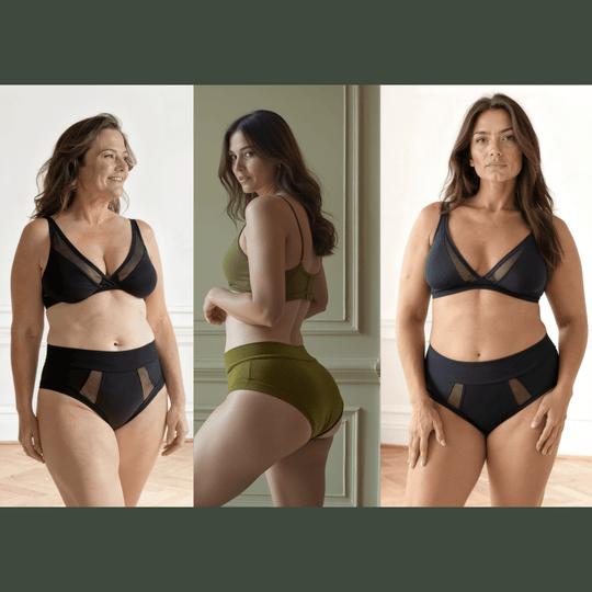Three images of women in a row. Each woman is wearing a high-waisted garment from the Wicks Intimates High-Waisted Bundle