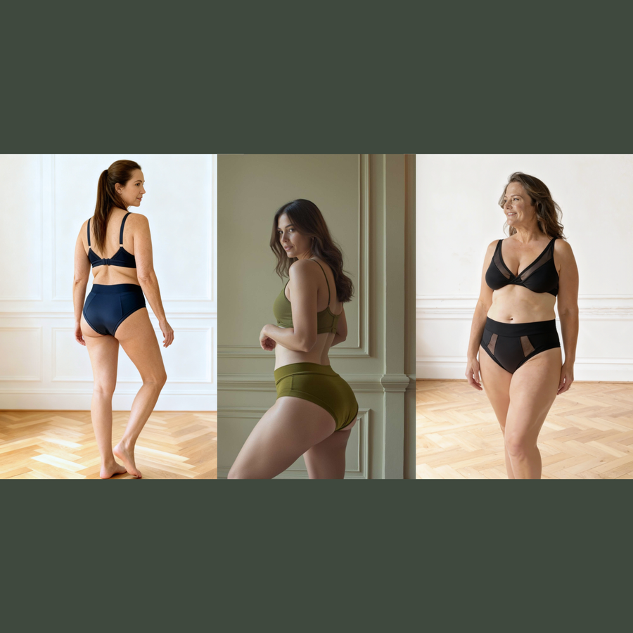 Three images of women in a row. Each woman is wearing a garment from the Wicks Intimates Lucky Dip High-Waisted Bundle