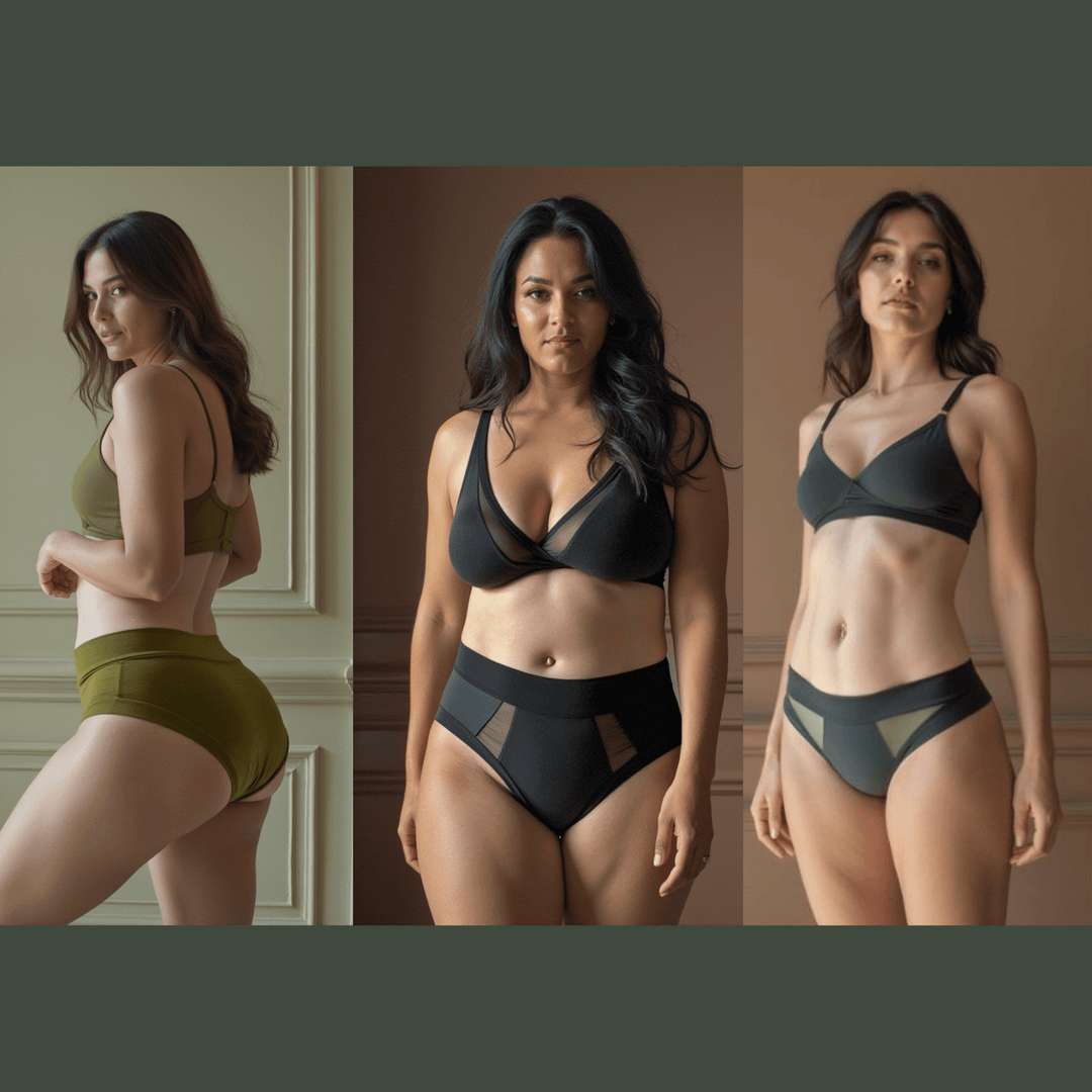 Three images of women in a row. Each woman is wearing a garment from the Wicks Intimates New Mum Pamper Pack Bundle