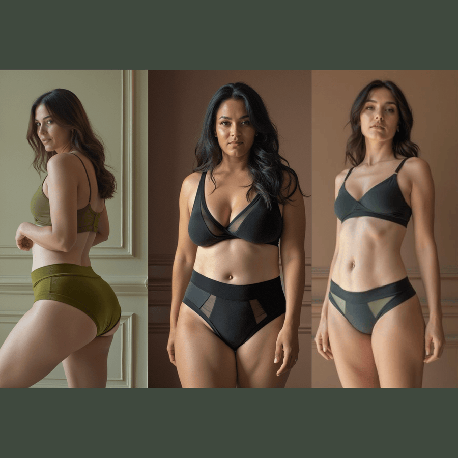 Three images of women in a row. Each woman is wearing a garment from the Wicks Intimates New Mum Pamper Pack Bundle