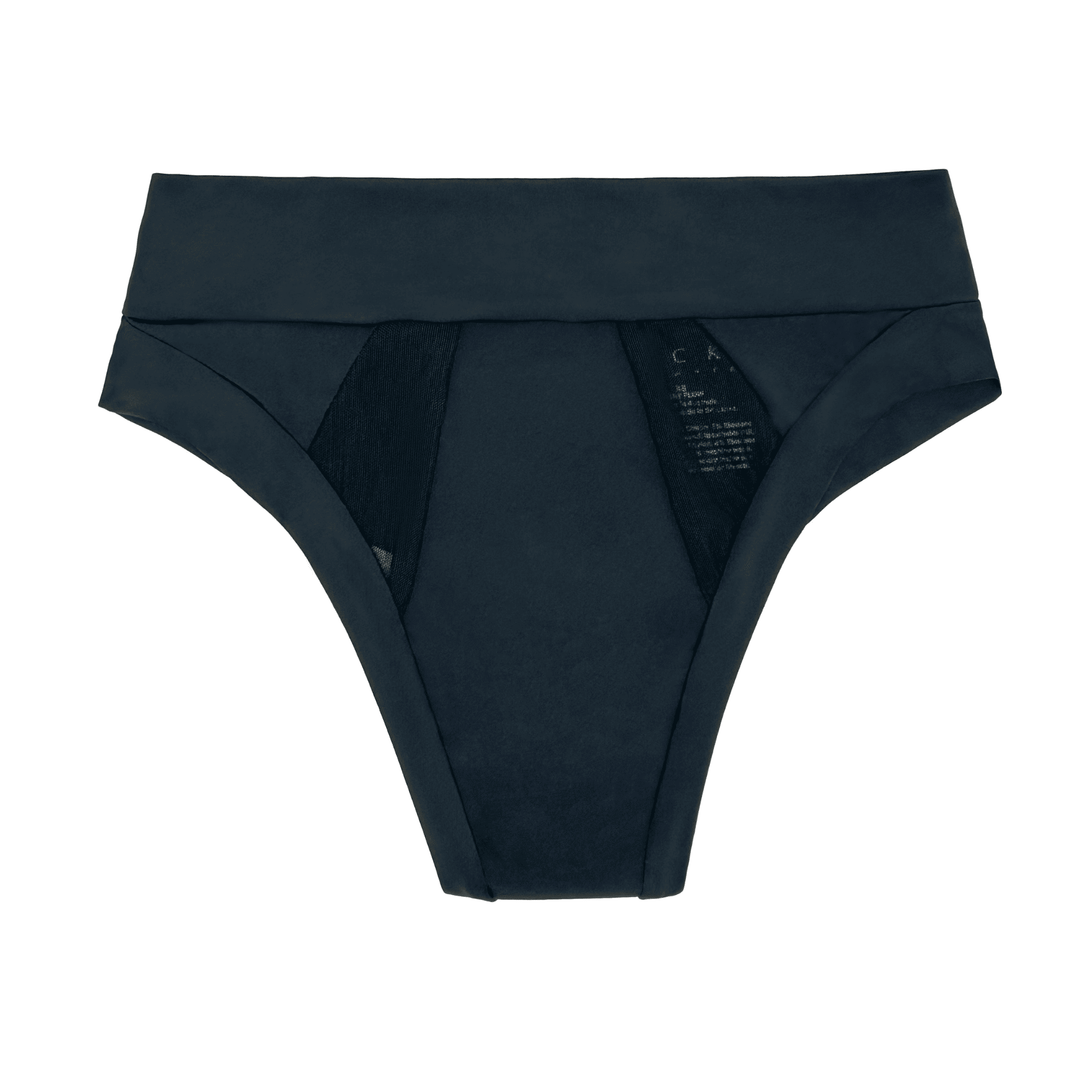 Flat lay image of the Striation Thong in Obsidian Black made from OEKO TEX certified fabric
