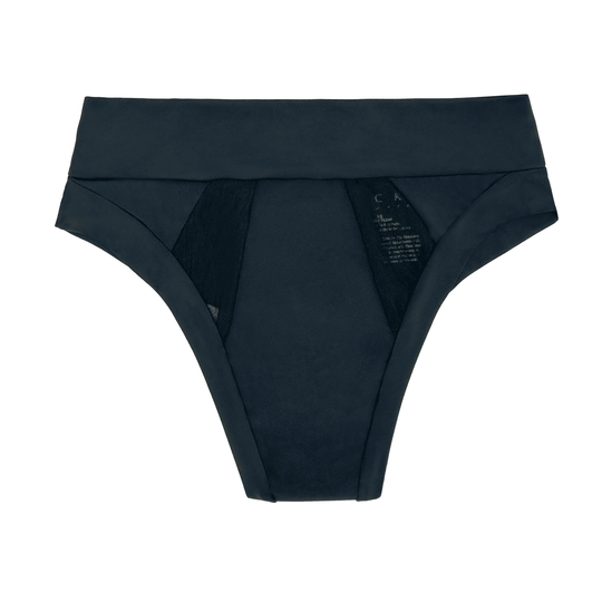 Flat lay image of the Striation Thong in Obsidian Black made from OEKO TEX certified fabric