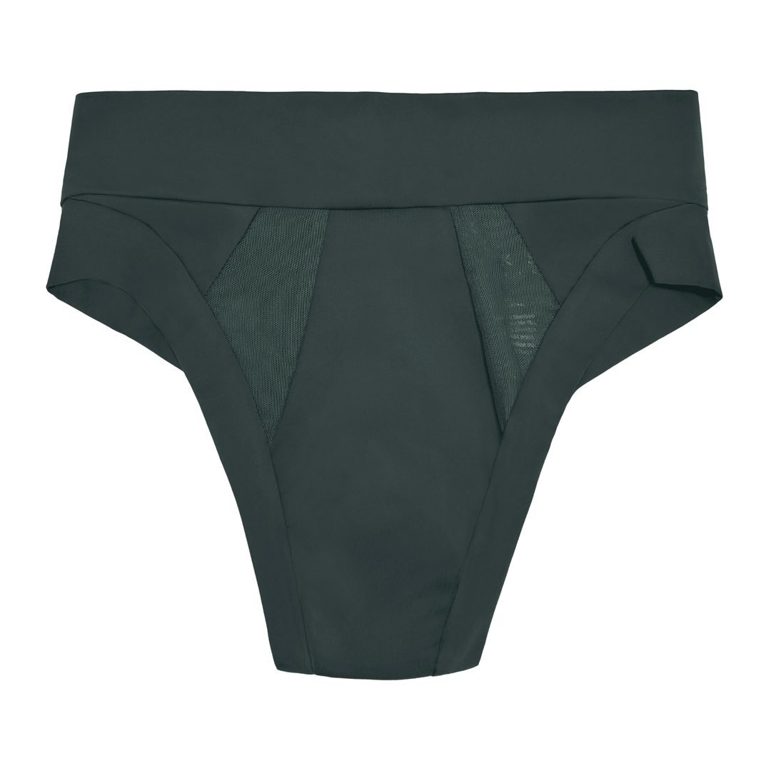 Flat lay image of the Striation Thong in Forest green made from OEKO TEX certified fabric