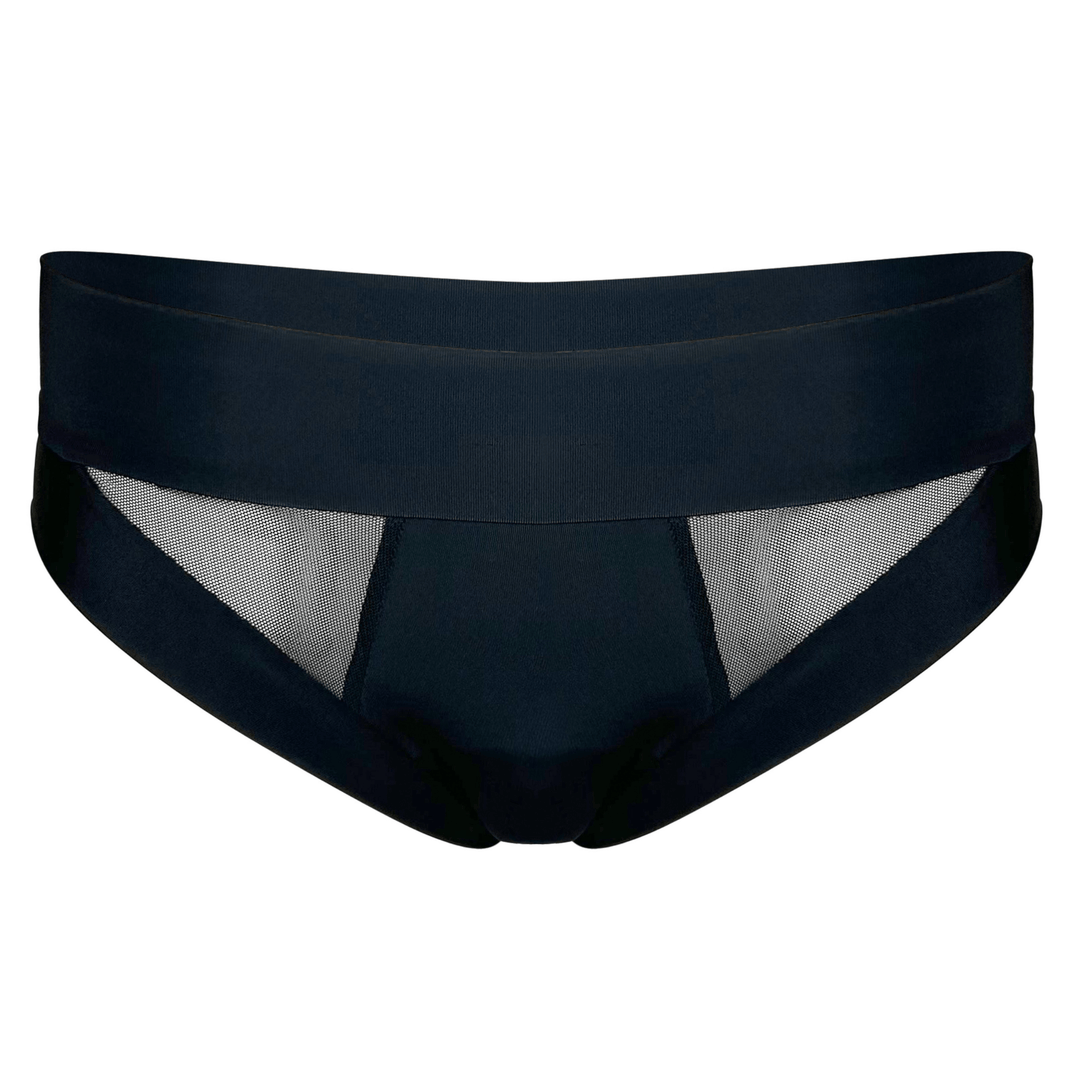 Ghost mannequin image of low-rise Swept Away brief in obsidian black made from OEKO TEX certified fabric