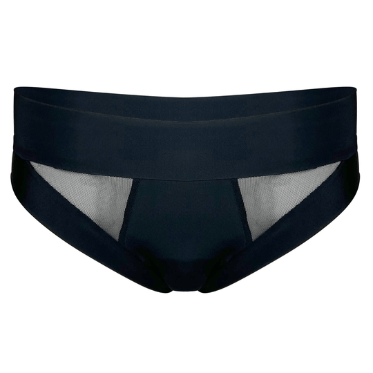 Ghost mannequin image of low-rise Swept Away brief in obsidian black made from OEKO TEX certified fabric