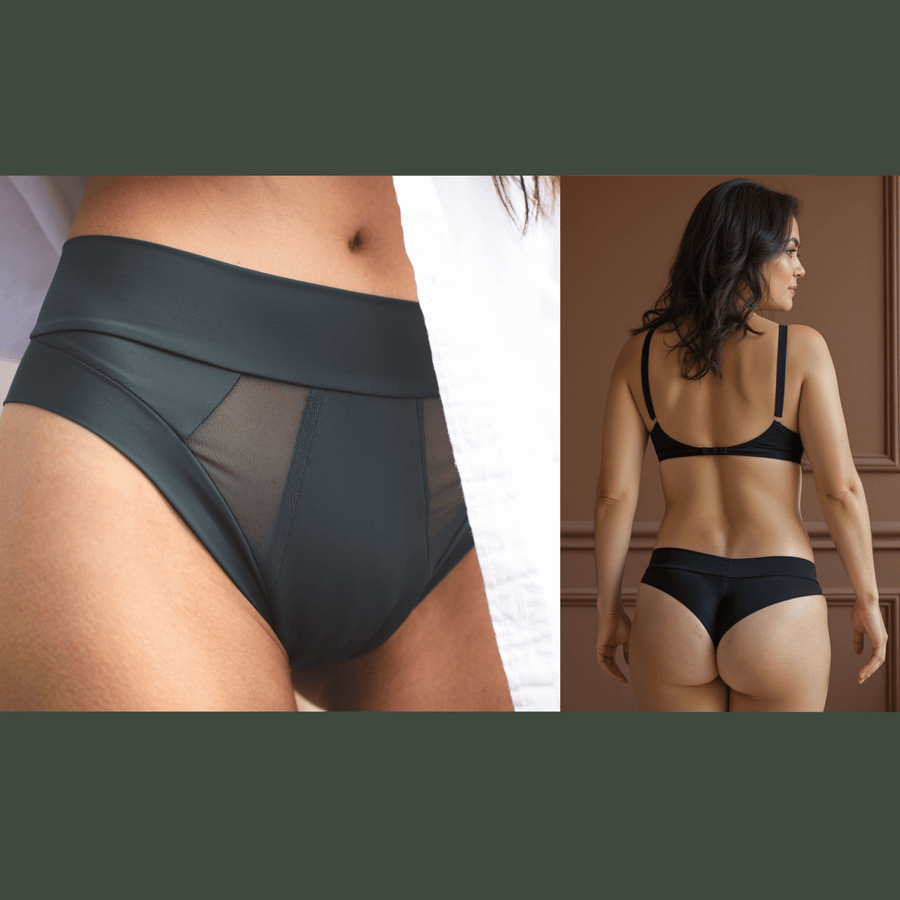 Two images of women. Both women are wearing a Striation Thong from the Wicks Intimates Thong Bundle