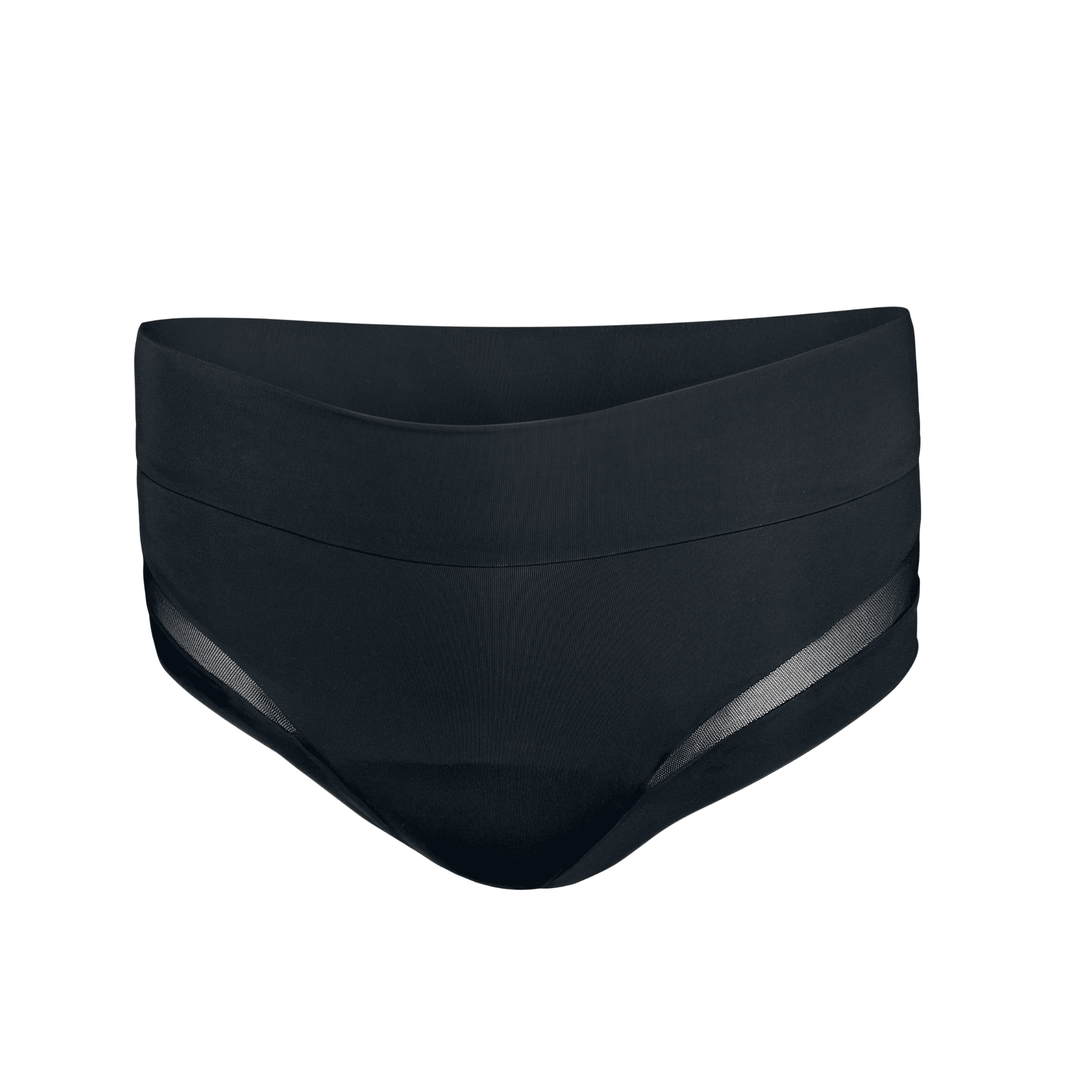 Ghost mannequin image of the high-waisted Valley Brief in obsidian black made from OEKO TEX certified fabric