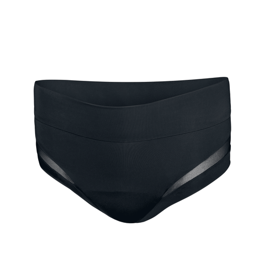Ghost mannequin image of the high-waisted Valley Brief in obsidian black made from OEKO TEX certified fabric