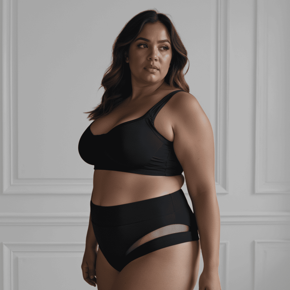 Woman in her 40s stands side on to the viewer wearing the high-waisted Valley brief in Obsidian black showing the mesh detail across the legs