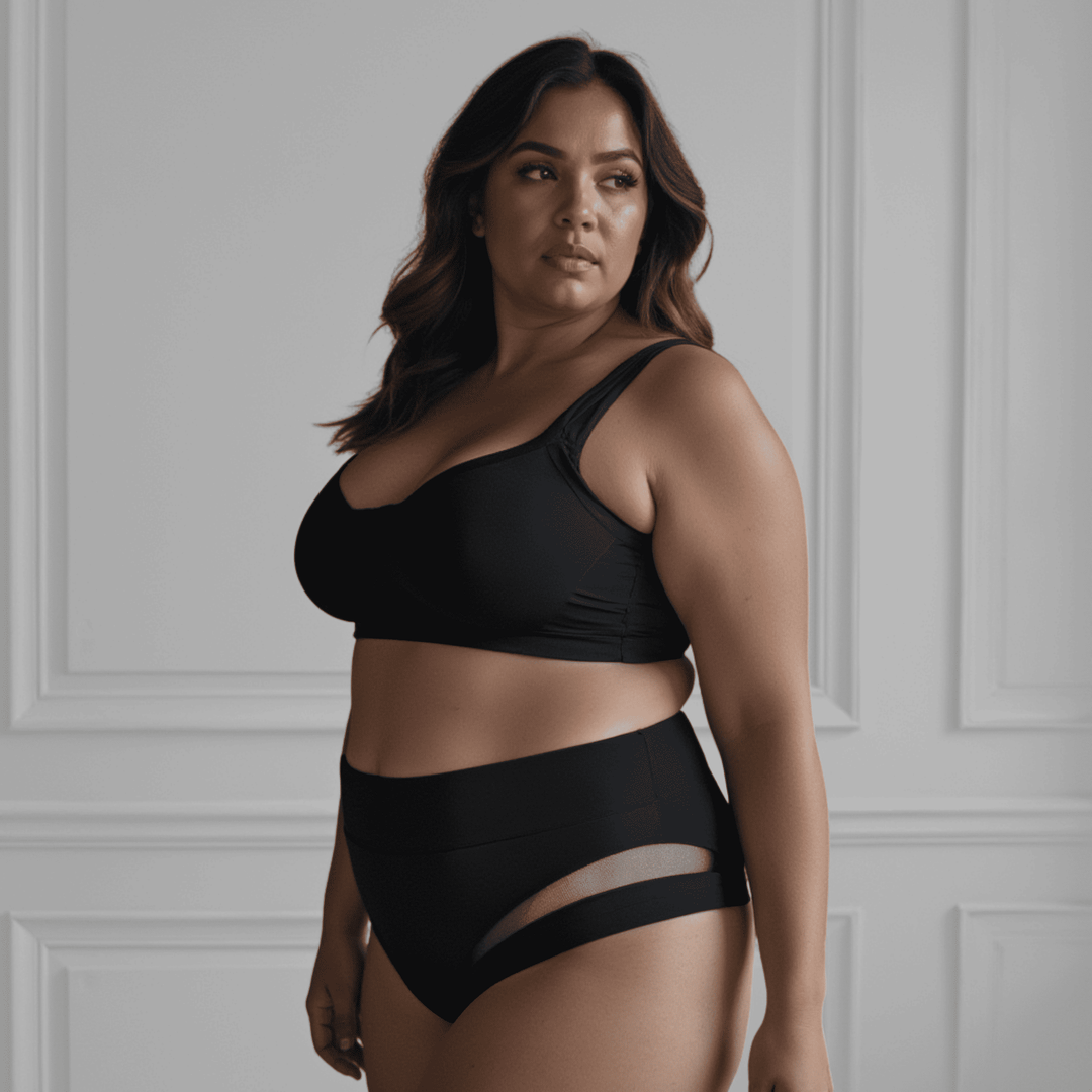 Woman in her 40s stands side on to the viewer wearing the high-waisted Valley brief in Obsidian black showing the mesh detail across the legs