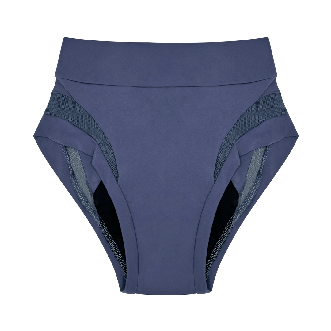 Flat lay image of the high-waisted Valley brief in Slate Navy made from OEKO TEX certified fabric