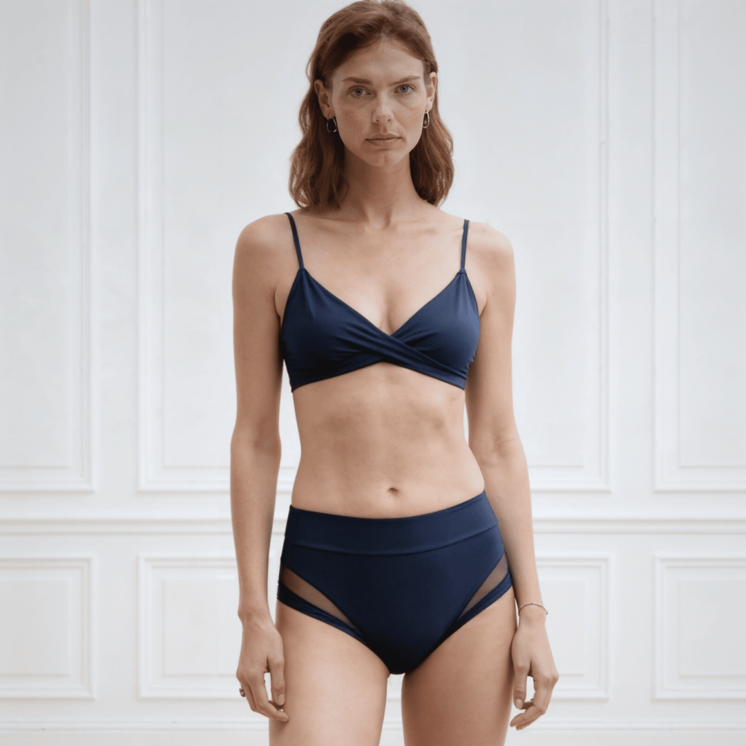Woman in her 30s wearing the size XS Valley brief in Slate Navy made from OEKO TEX certified fabric