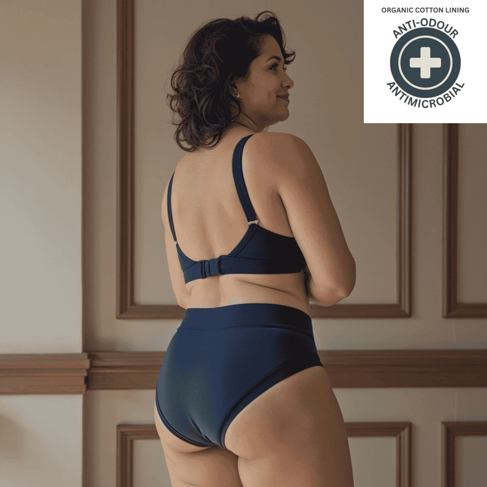 Woman wearing Wicks Intimates briefs with antimicrobial and anti-odour badge top right.