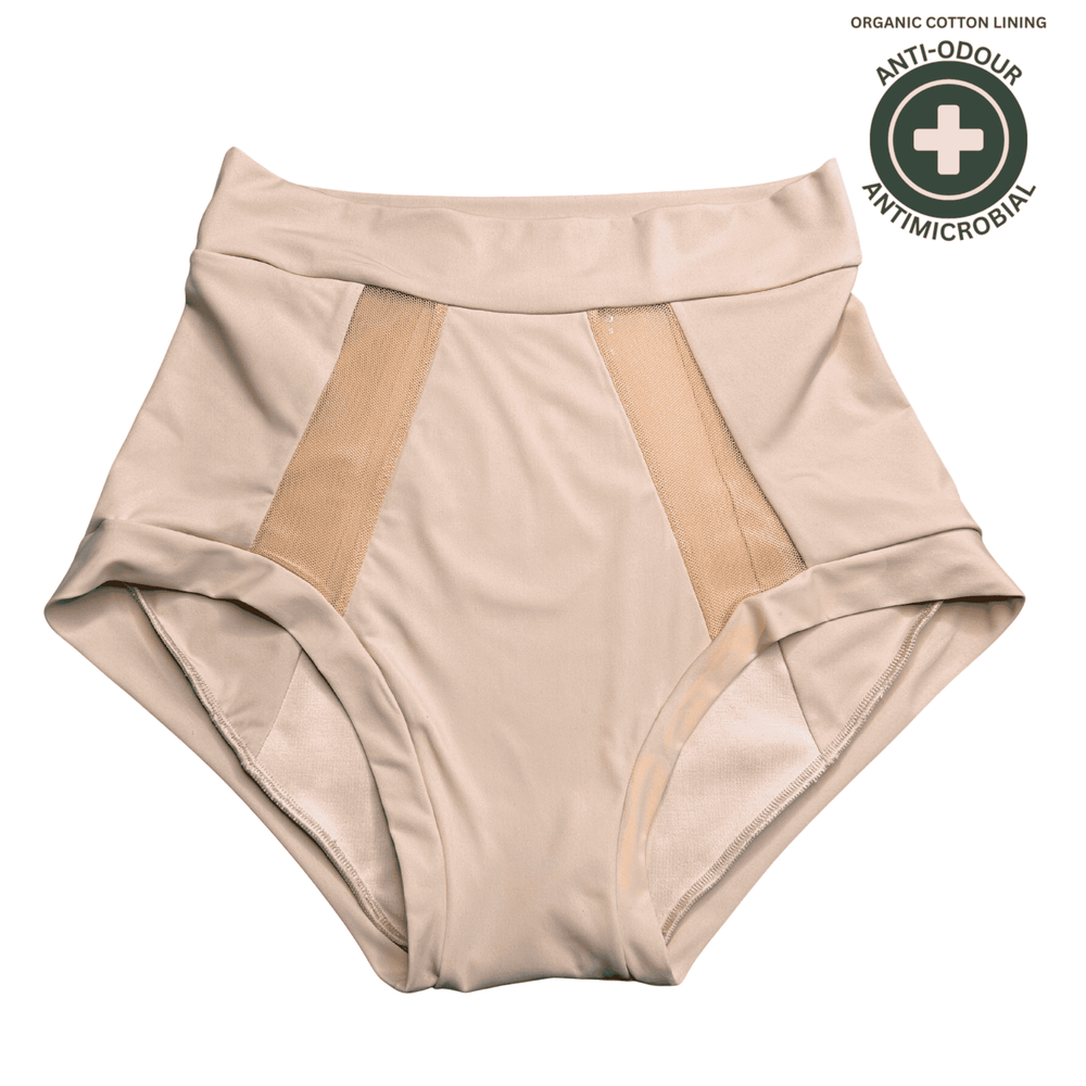 Flat lay image of the Wicks Intimates Emanate II brief in shell, with antimicrobial and anti-odour badge top right.
