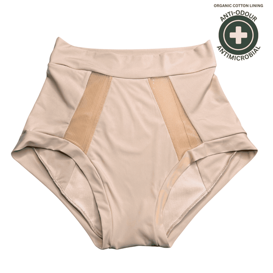 Flat lay image of the Wicks Intimates Emanate II brief in shell, with antimicrobial and anti-odour badge top right.
