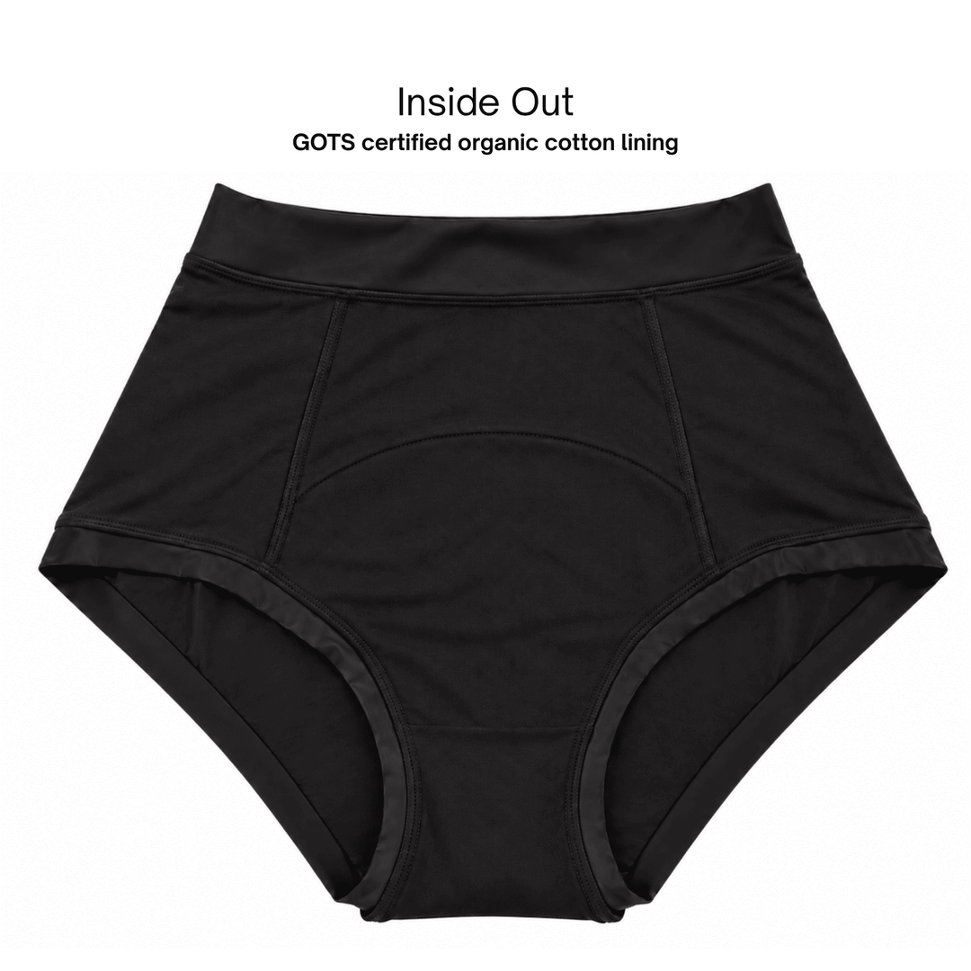 flat lay, front view image of inside out Emily briefs showing organic cotton lining