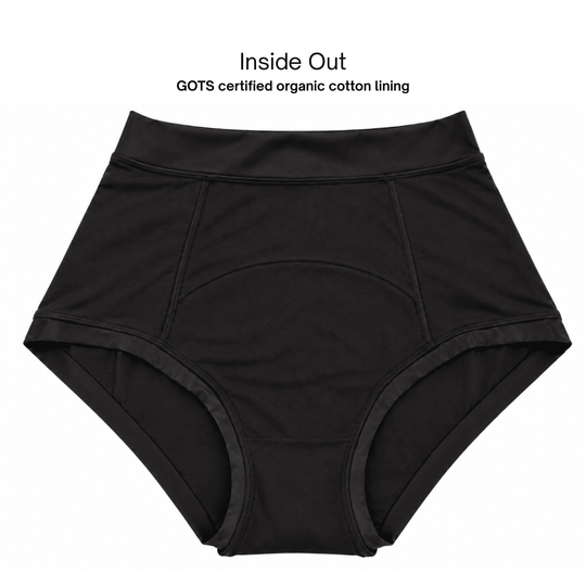 flat lay, front view image of inside out Emily briefs showing organic cotton lining