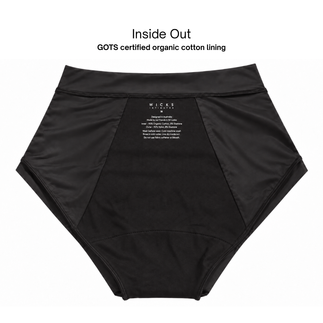 Presence brief placed inside out as a flat lay, back view showing organic cotton lining and care label