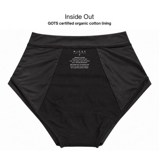 Presence brief placed inside out as a flat lay, back view showing organic cotton lining and care label