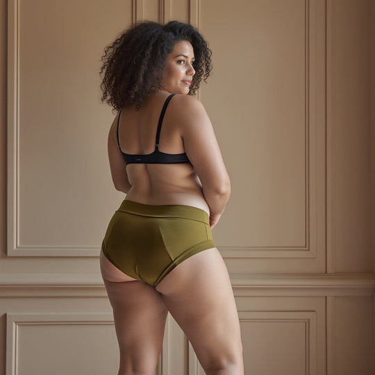 Woman facing away from viewer showing back side of the high-waisted basic brief with high absorbency for heavy flow and LBL. GOTS certified organic cotton fabric.