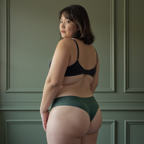 Woman faces backwards wearing very comfortable Striation thong in forest. From All Day Fresh range, for everyday wear: one absorbing layer, no waterproof layer. Low rise style with mesh panel detailing at the front. Made from OEKO-TEX certified butter-soft blend fabric.