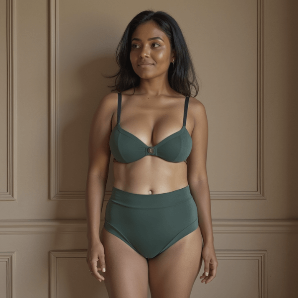 Woman faces forwards wearing high-waisted Anything But Basic brief in forest. For everyday wear with one absorbent layer but no waterproof layer. 