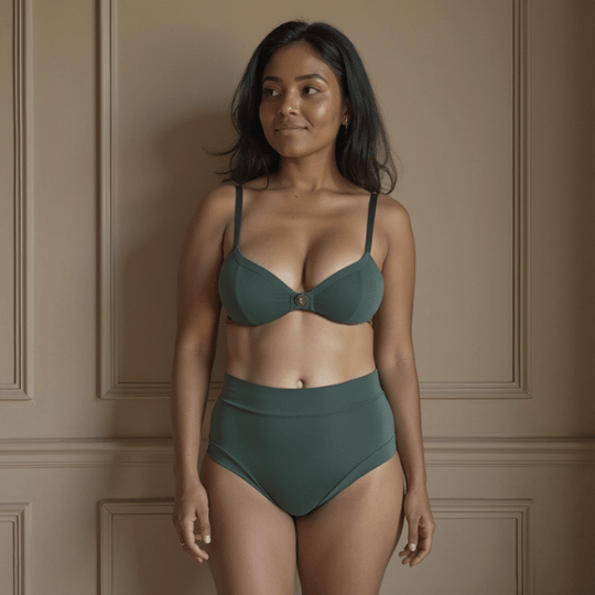 Woman faces forwards wearing high-waisted Anything But Basic brief in forest. For everyday wear with one absorbent layer but no waterproof layer. 