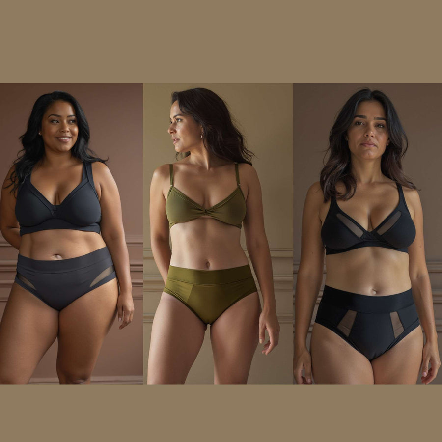 Three women wearing pieces from the Heavy Flow bundle. High-waisted Valley brief in obsidian black; high-waisted Basic brief in moss; high-waisted Emanate brief in obsidian black. Made from OEKO-TEX and GOTS certified fabrics. All have high absorbency for light bladder leaks and period management.