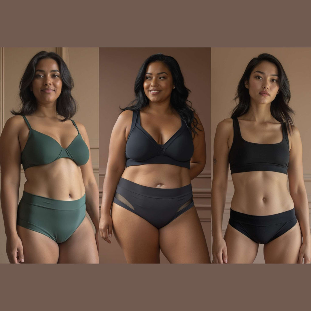 Three women each wearing pieces from the New Mum Bundle. Anything But Basic high waisted brief in forest for everyday wear; high-waisted Valley brief in obsidian black for heavy flow management; low-rise basic brief in obsidian black for moderate flow management. All made from OEKO-TEX certified butter-soft blend.