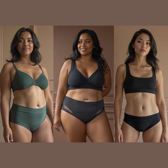 Three women each wearing pieces from the New Mum Bundle. Anything But Basic high waisted brief in forest for everyday wear; high-waisted Valley brief in obsidian black for heavy flow management; low-rise basic brief in obsidian black for moderate flow management. All made from OEKO-TEX certified butter-soft blend.